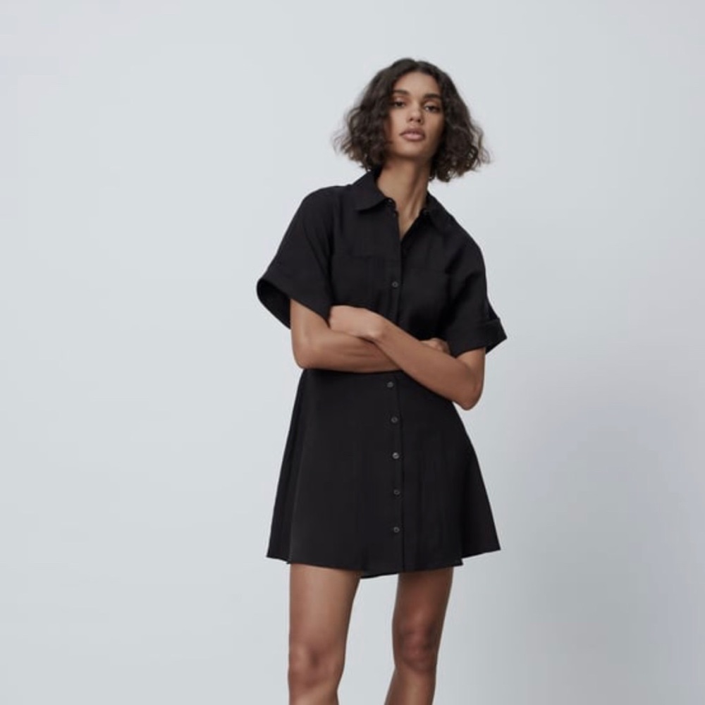Zara Black Short-Sleeve Shirt Dress EUC